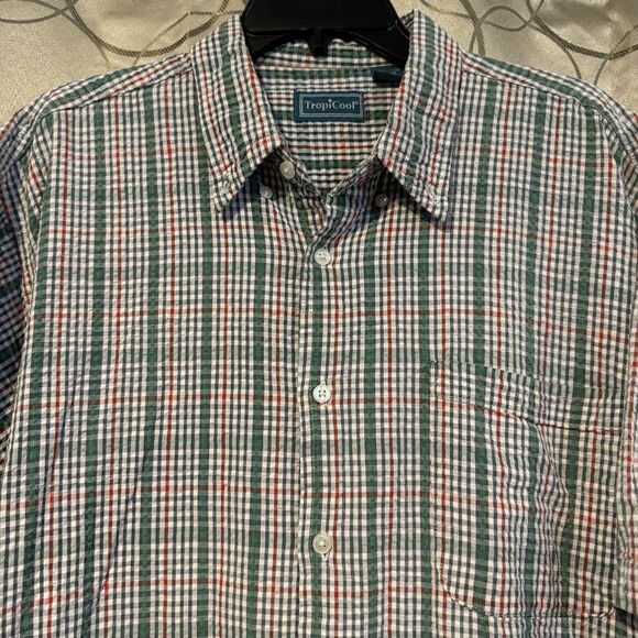 Tropicool Men's Plaid Shirt XL Short Sleeve Button Down Green Red Casual Preppy - Picture 2 of 6